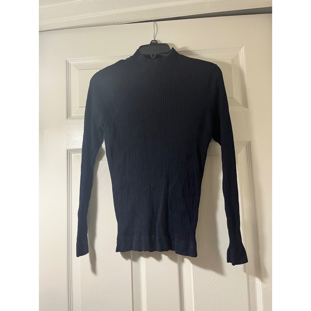 Zara Navy Blue Ribbed Mock Neck Long Sleeve Sweater Small Slim Fit Knit Top